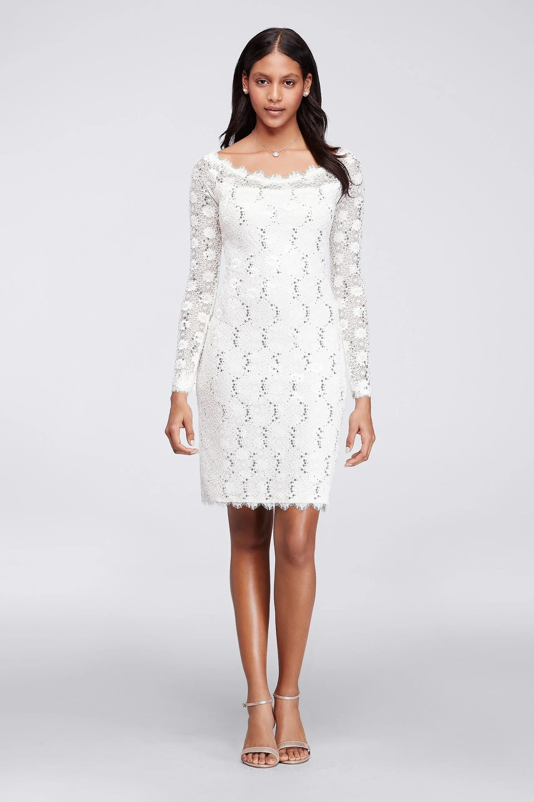 Sequin Lace Dress with Long Sleeves and Scalloping