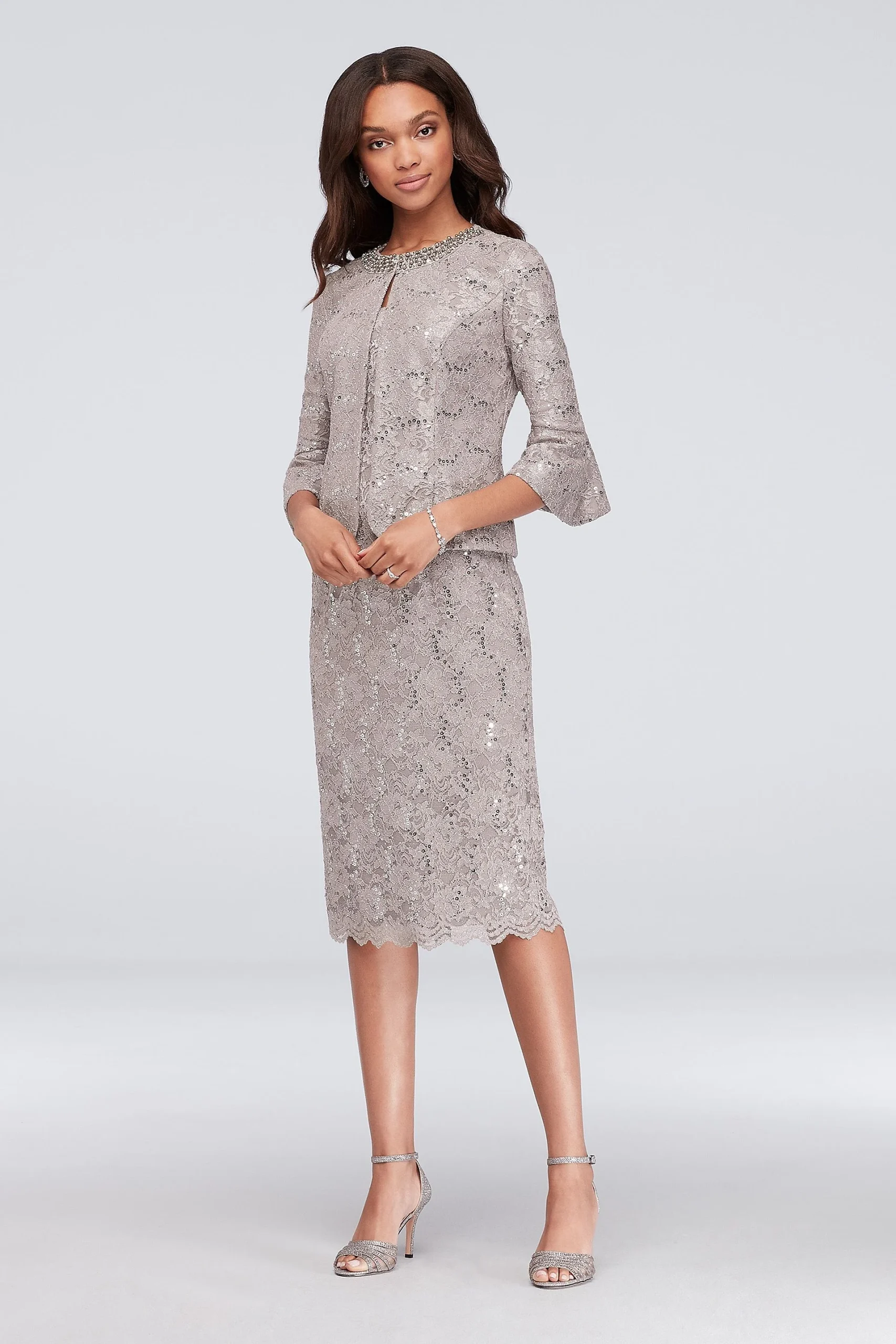 Sequin Lace Jacket Dress with Beaded Collar
