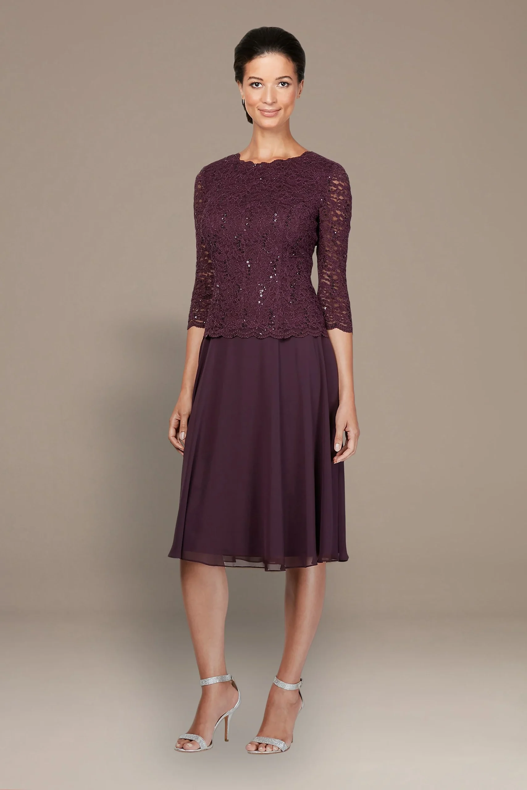 Sequin Lace Tea Length A-Line Petite Dress