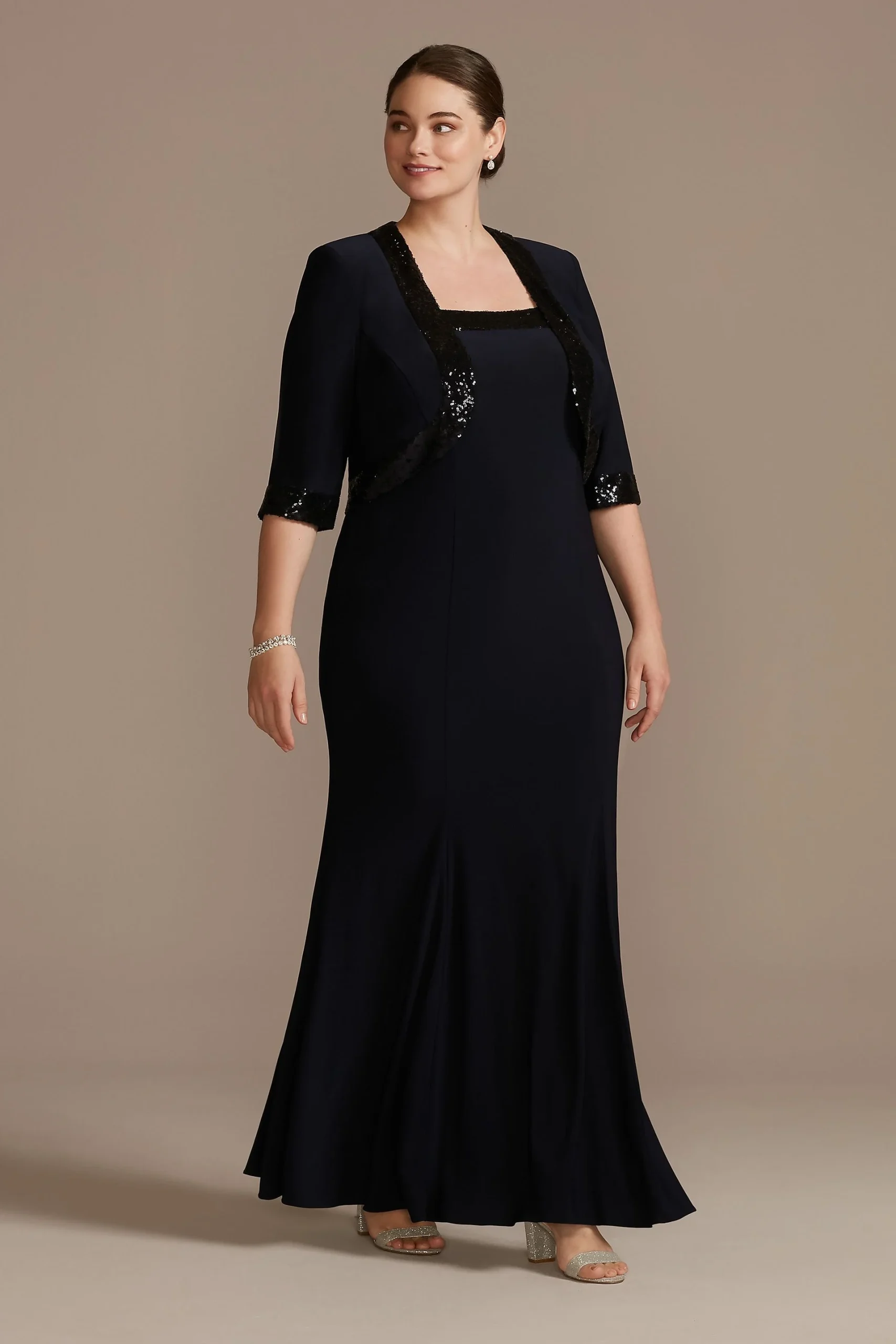 Sequin-Trimmed Plus Size Sheath Dress and Jacket