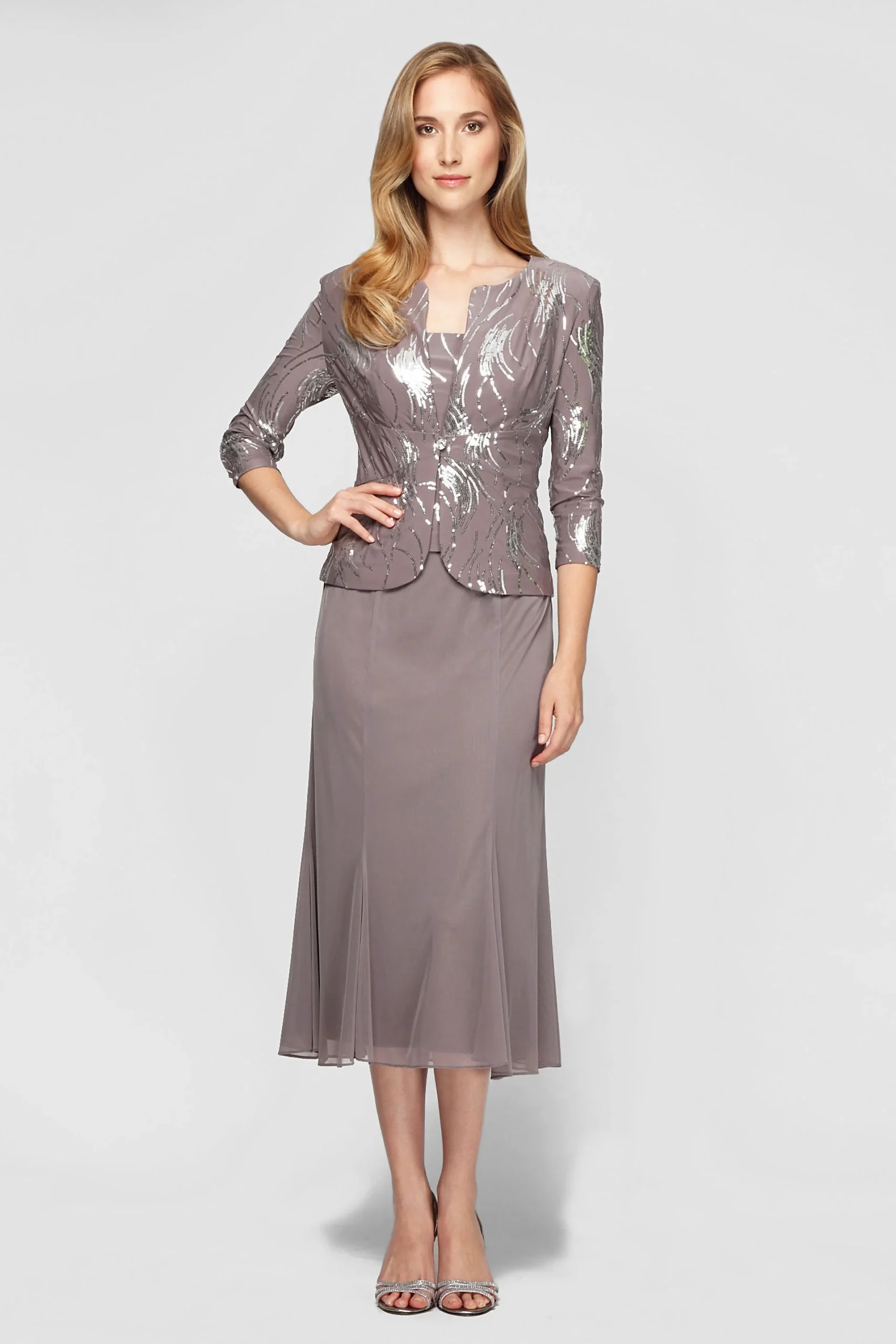 Sequined Chiffon Tea-Length Petite Jacket Dress