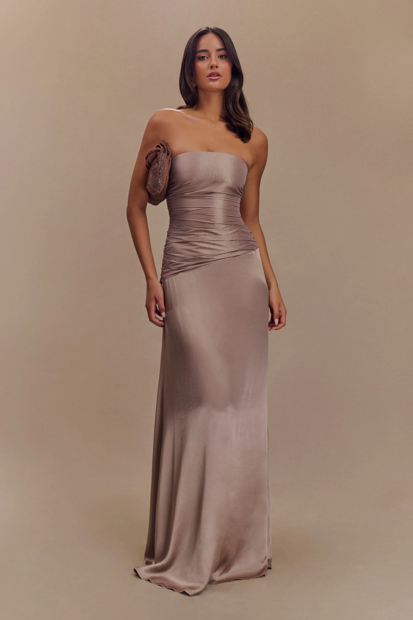 SerenaStrapless Taffeta Maxi Dress - Bronze Taupe