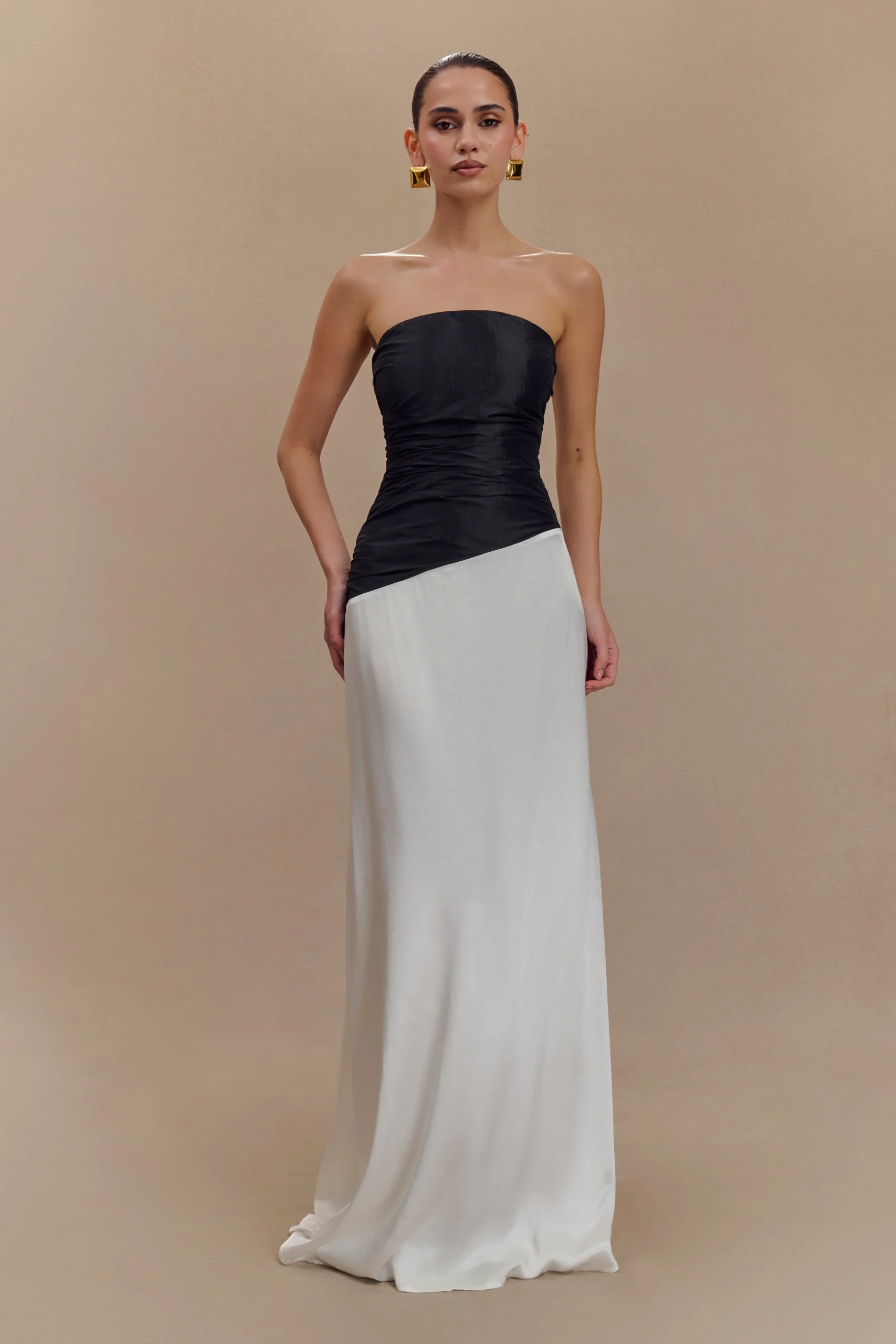 SerenaStrapless Taffeta Maxi Dress - White/Black