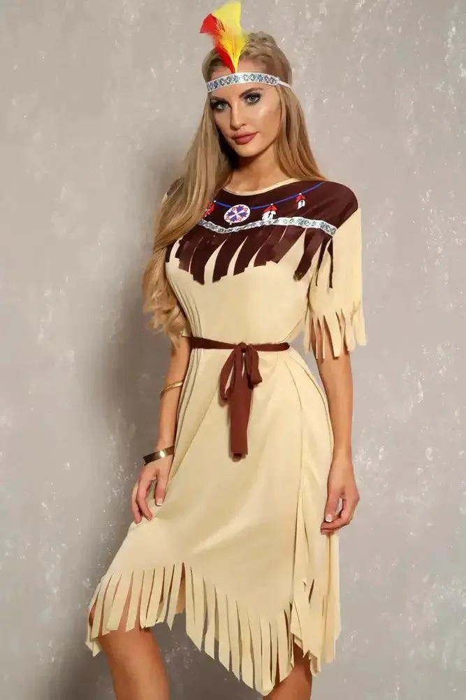 Sexy Beige Fringe Detail Indian 3 Piece Costume