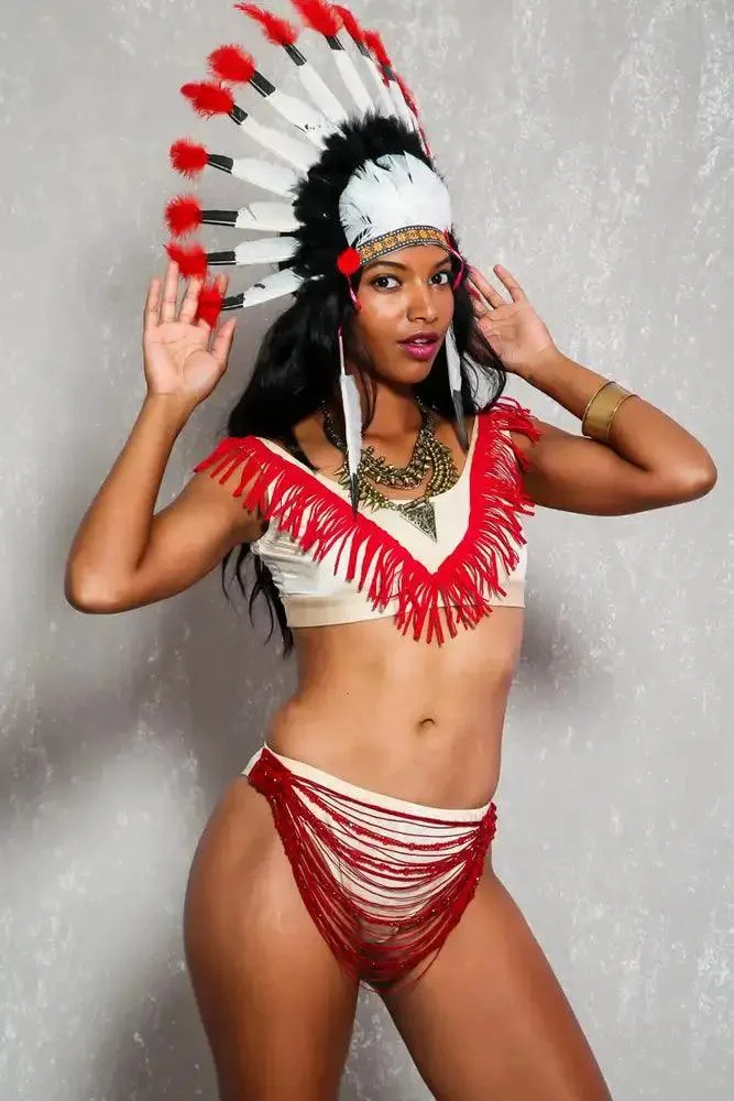 Sexy Beige Red Beaded Fringe Detail Indian 3Pc Costume