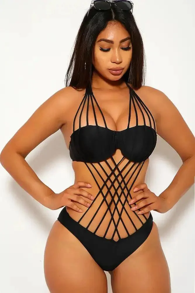 Sexy Black Cross Strappy Monokini One Piece Swimsuit