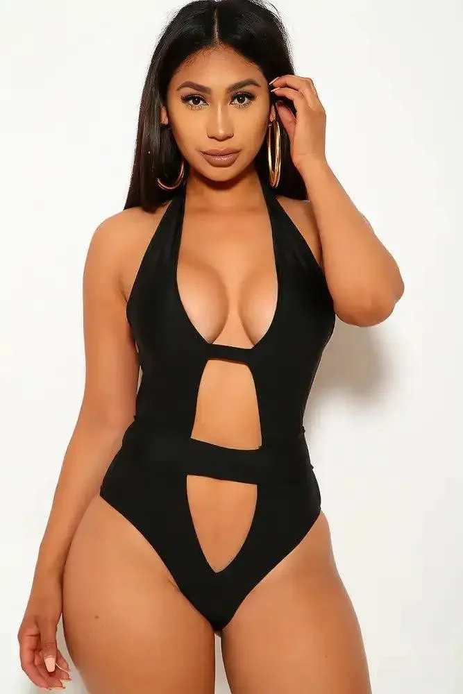 Sexy Black Detailed Cutouts Halter Tie One Piece Swimsuit