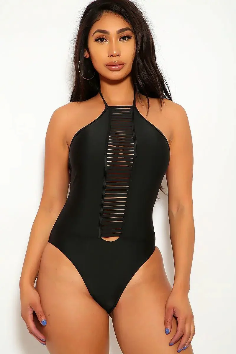 Sexy Black Distressed Cut Out Halter One Piece Swimsuit