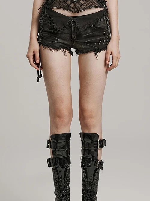Sexy Black Elastic Slim FitWith Studded Side Drawstrings Punk Style Asymmetric Denim Shorts