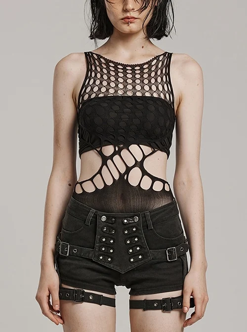 Sexy Black Elastic Waistless Yarn Punk Style See Through Bodysuit