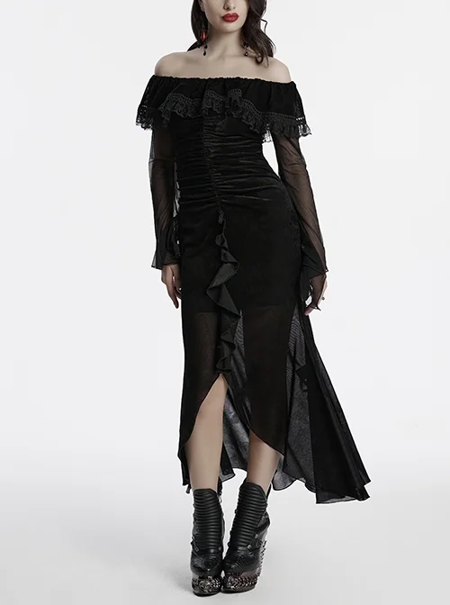 Sexy Black Elegant One Shoulder Retro Lace Mesh Stitching Luxury Velvet Gothic Style Long Sleeves Dress