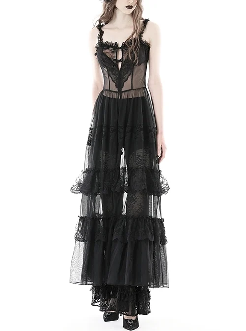 Sexy Black Front Heart Shaped Lace Mesh Gothic Style Extended See Through Dress