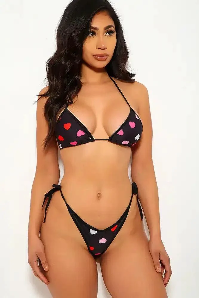 Sexy Black Hearts Print Two Piece Swimsuit