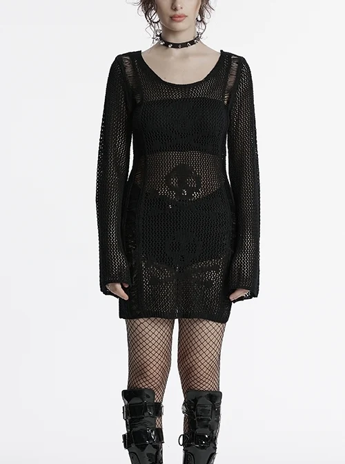 Sexy Black Hollow Knit Design Punk Style Cool Skull Pattern Slim Fit Long Trumpet Sleeves Dress