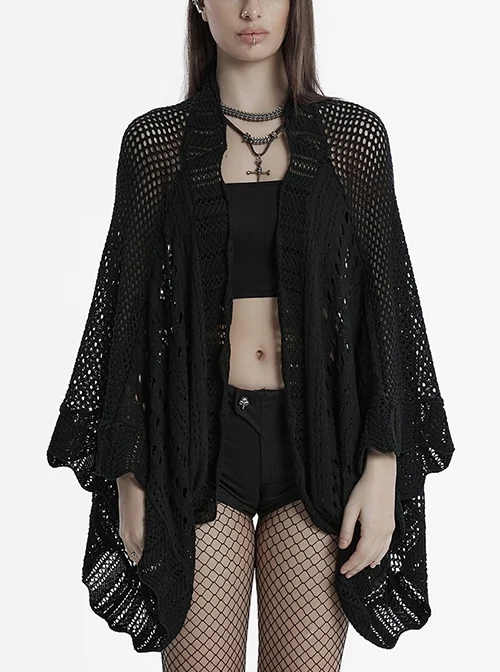 Sexy Black Hollow Loose Simple Version Unique Woven Texture Gothic Style Cardigan