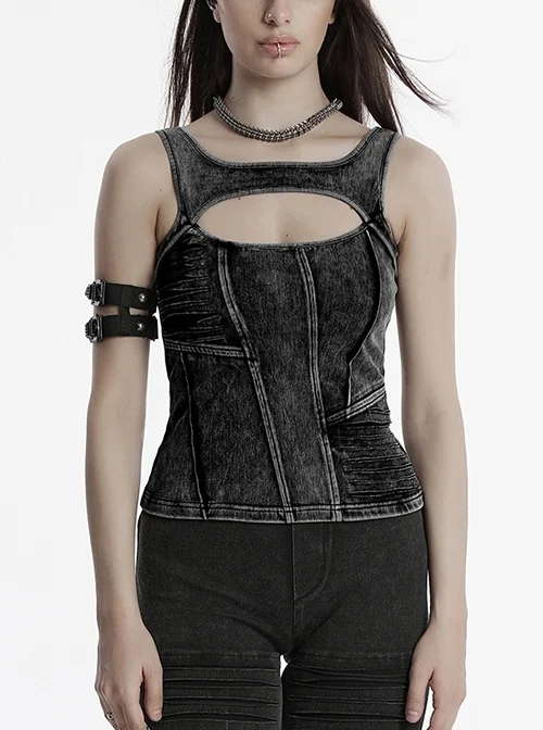 Sexy Black Irregular Stitching Design Chest Hollow Doomsday Steampunk Style Denim Vest