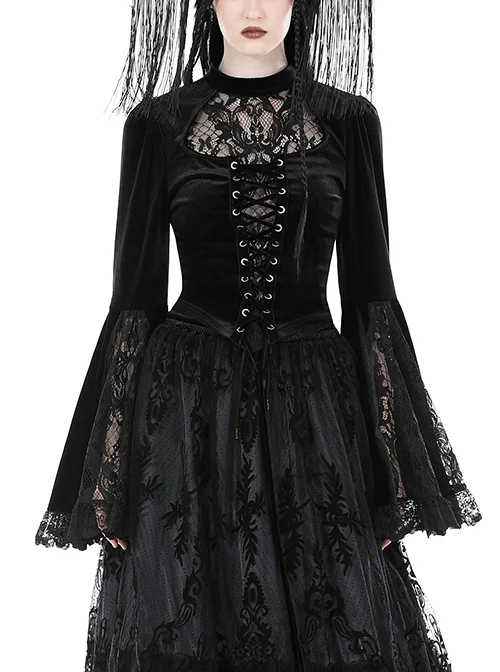 Sexy Black Lace Woven Hollow Chest Tie Gothic Bell Sleeve Top