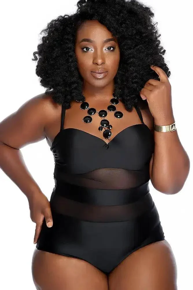 Sexy Black Mesh Cut Out One Piece Plus Size Swimsuit