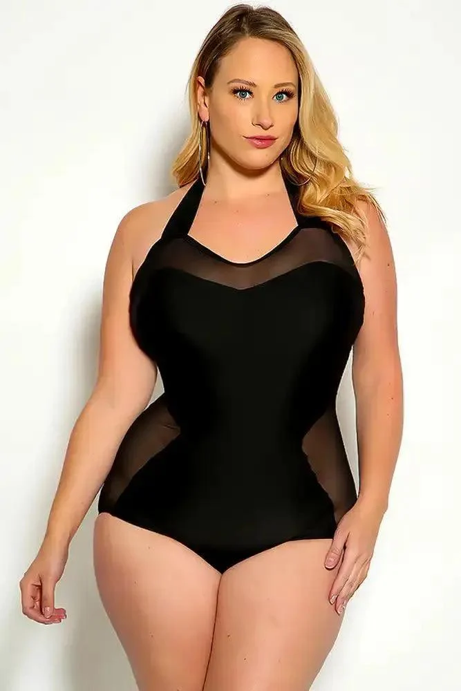 Sexy Black Mesh Cutout One Piece Form Fitting Mid Cover Swimsuit