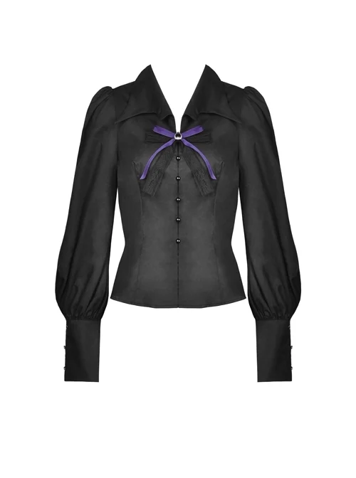 Sexy Black Non-Stretch Batwing Neck Gem Corsage Gothic Slim Shirt