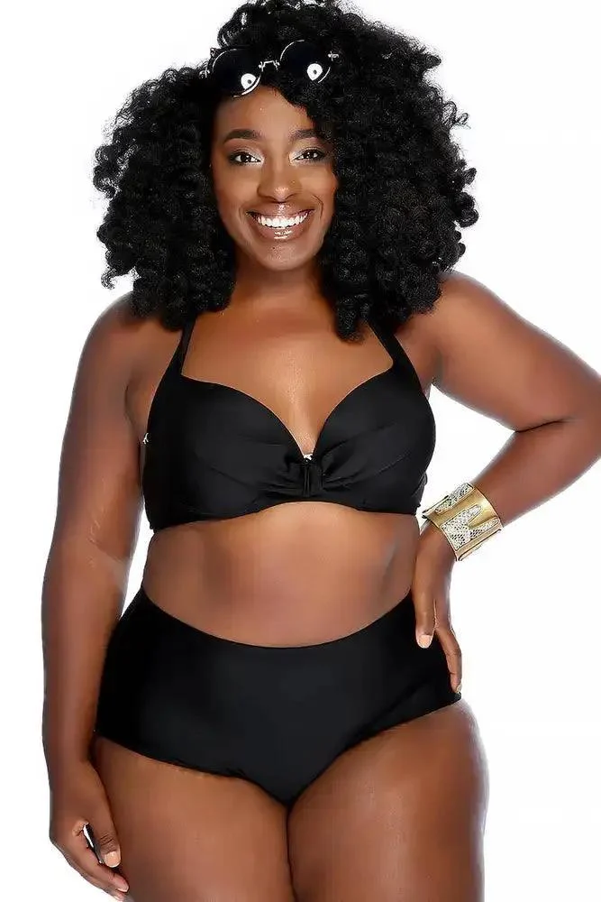 Sexy Black Padded Ruched Halter High Waist Two Piece Swimsuit Plus