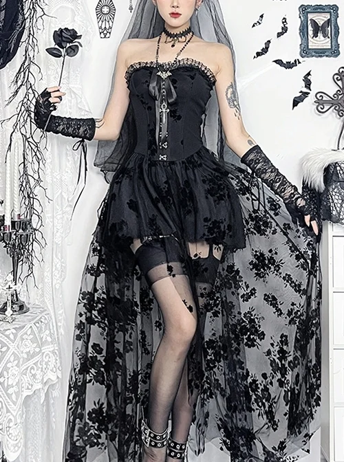Sexy Black Plant Embossed Pattern Stitching Slightly Transparent Mesh Hem Design Gothic Style Tube Top Dress