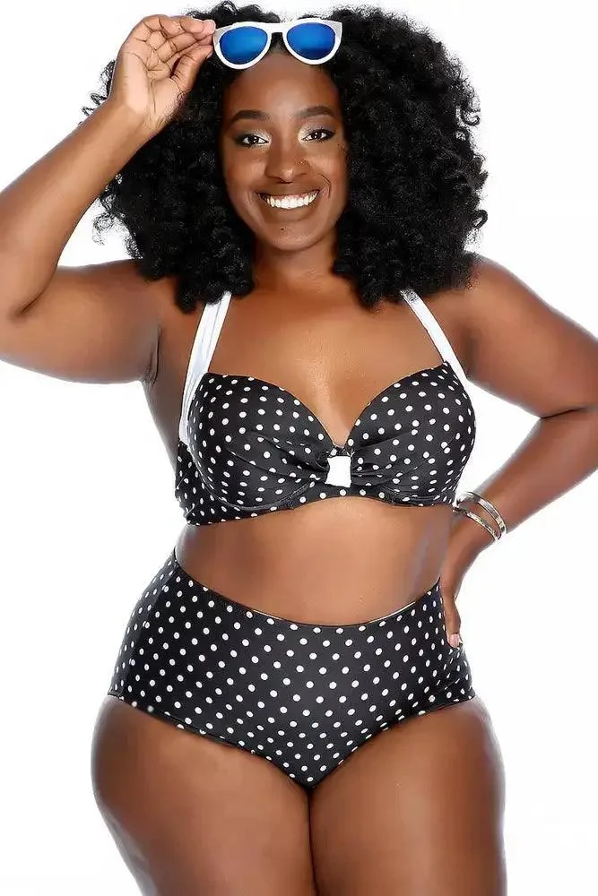 Sexy Black Polka Dot Padded Ruched Halter High Waist Two Piece Swimsuit Plus