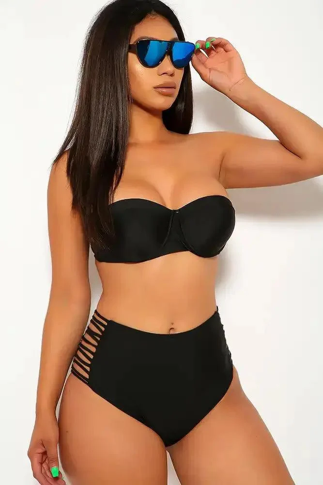 Sexy Black Push Up Halter Top Strappy Bottom Two Piece Swimsuit