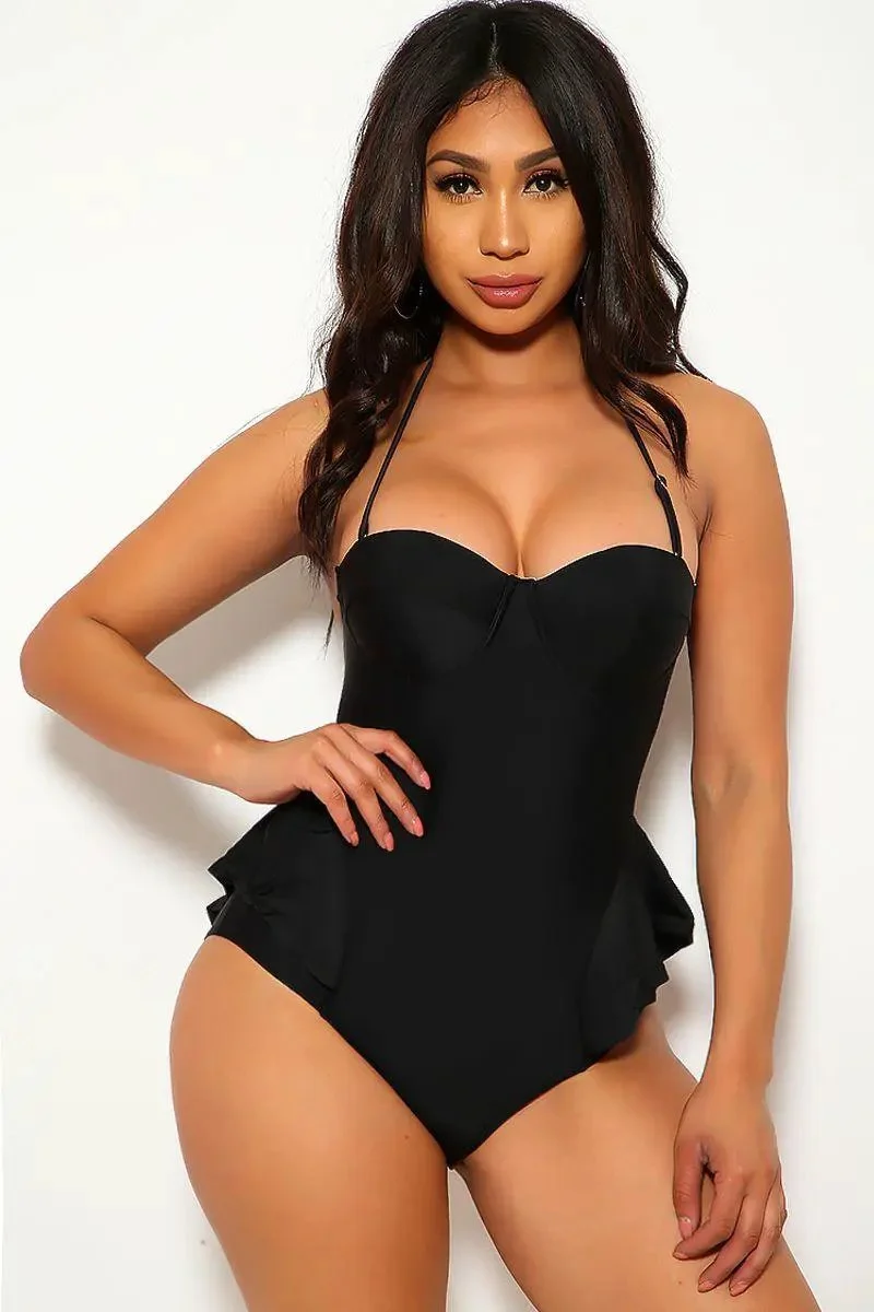 Sexy Black Push Up Ruffled Strappy Cut Out One Piece Swimsuit