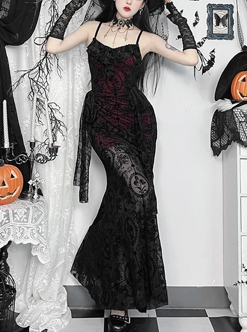 Sexy Black And Red Flocking Splicing Plant Mesh Fabric Gothic Style Suspender Sleeveless Dress