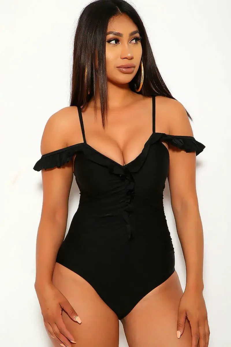 Sexy Black Ruffle Off Shoulders One Piece Swimsuit