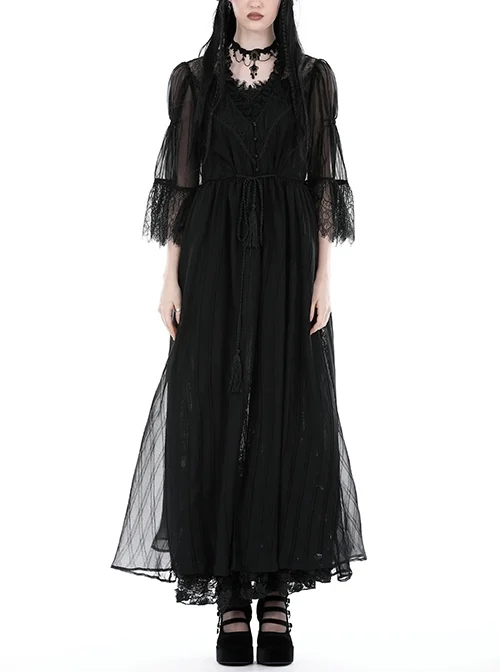 Sexy Black See Through Mesh Lace V Neck Gothic Style Long Coat