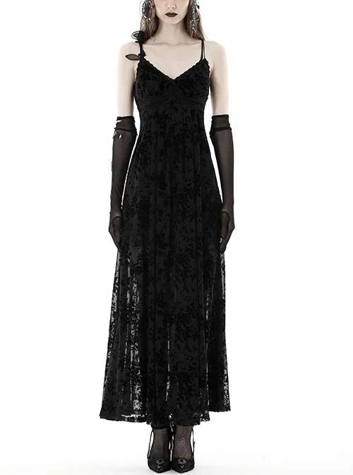 Sexy Black Slightly See Through Rose Print Flocked Gothic Suspender Dress