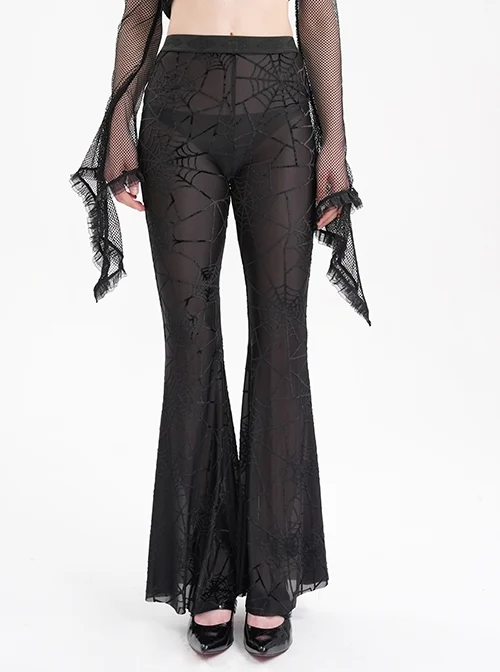 Sexy Black Slightly Transparent Spider Web Pattern Fabric Elastic Waist Design Punk Style Slim Flared Pants