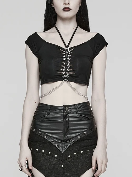 Sexy Black Soft Knitted Front Metal Link Chain Punk Style Daily Halterneck Short Sleeved T-Shirt