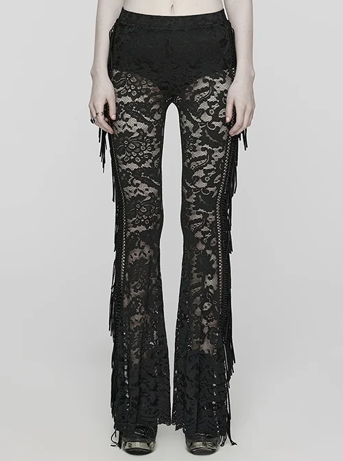 Sexy Black Stretch Lace Pattern Mesh Side Ribbon Decorated Gothic See Through Trousers
