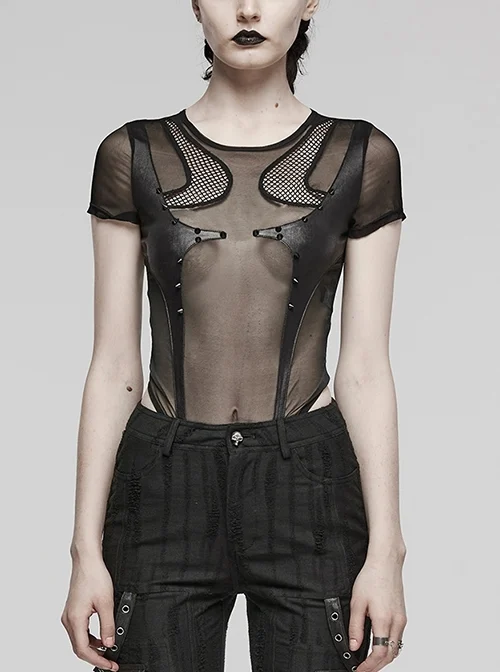 Sexy Black Stretch Mesh Patchwork Knitted Taped Punk Style Short Sleeved Bodysuit