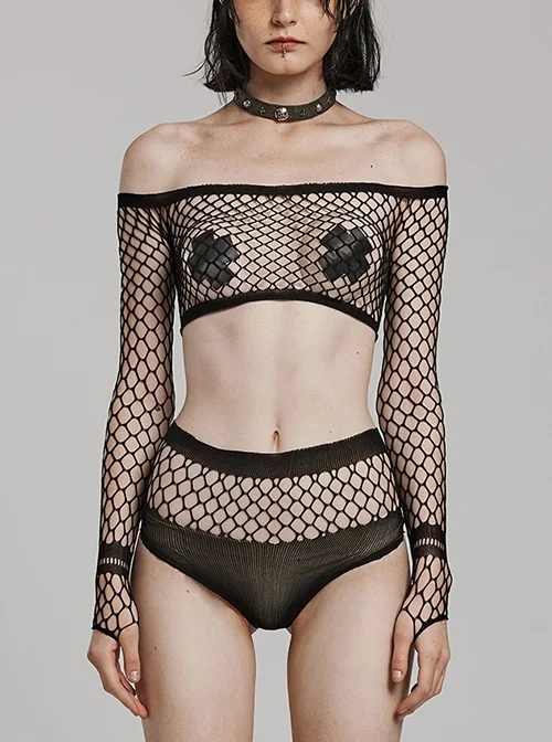 Sexy Black Super Elastic Mesh Yarn Punk Style See Through T-Shirt Suit