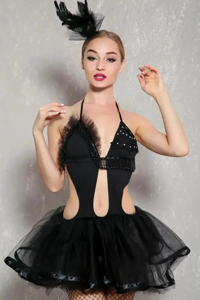 Sexy Black Swan Embroider Crochet Mesh Tutu 2pc Costume