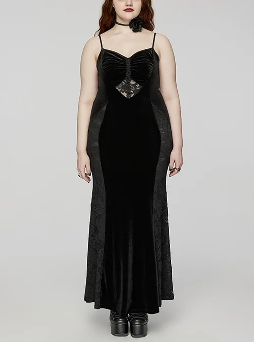Sexy Black Velvet Lace Fabric With Heart Pattern On The Chest And Fishtail Suspenders Gothic Style Adjustable Sleeveless Dress