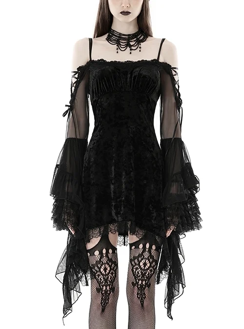 Sexy Black Velvet Patchwork Mesh Trumpet Long Sleeved Gothic Off The Shoulder Dress