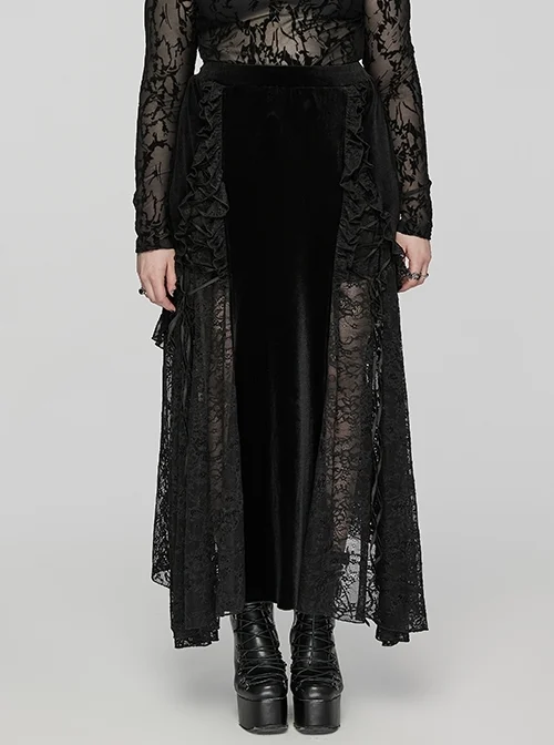 Sexy Black Velvet Spliced ​​Lace Ruffled Front Long Back Short Gothic Style Rope Skirt