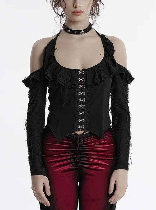 Sexy Daily Black Ruffled Halter Neck Off Shoulder Design Chest Lace Metal Button Decoration Gothic Style T Shirt