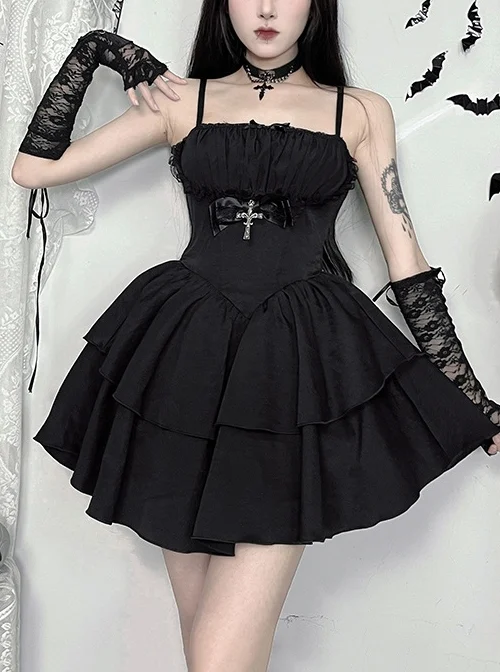 Sexy Dark Style Black Lace Splicing Bowknot Metal Cross Decoration Gothic Style Suspender Dress