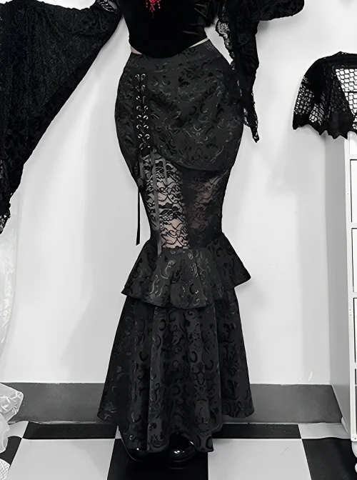 Sexy Elegant Black Hollow Lace Splicing Exquisite Dark Pattern Gothic Style Slim Skirt