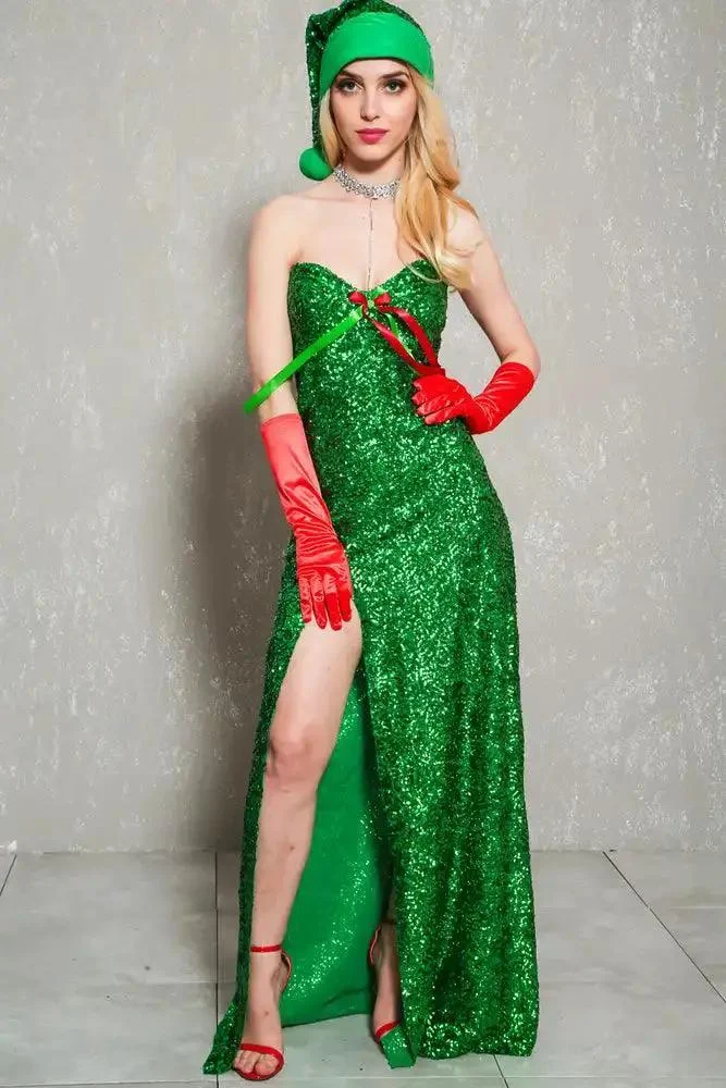 Sexy Green Strapless Sequins Maxi Dress Holiday Costume