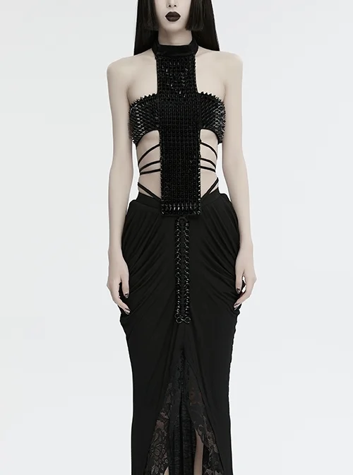 Sexy Halter Neck Black Stretch Velvet Rivet Waist Webbing Drawstring Design Gothic Style Cross Suspender Top