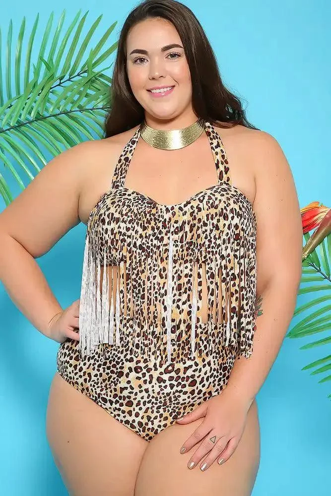 Sexy Leopard Print Padded High Waist Plus Size Two Piece Swimsuit