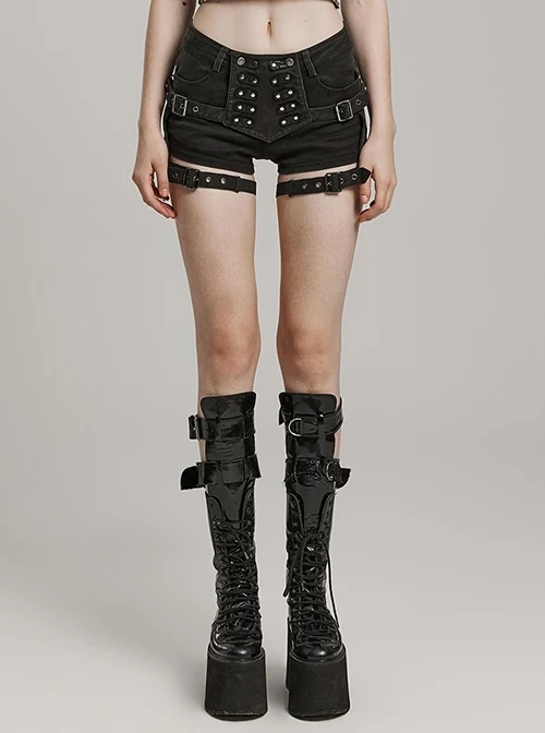 Sexy Low Waist Stretch Denim With Symmetrical Front Button Tabs Punk Style Tight Shorts