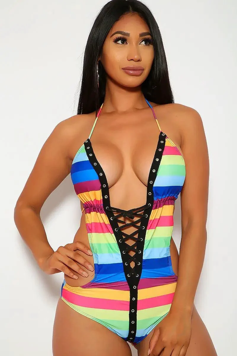 Sexy Rainbow Plunging Front Lace Up One Piece Swimsuit